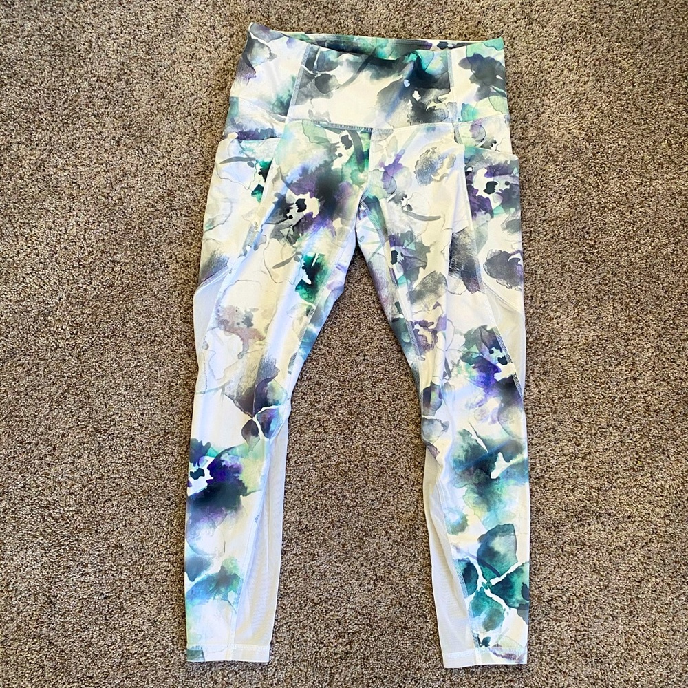 Athleta White Leggings with Teal Green & Purple Watercolor Print